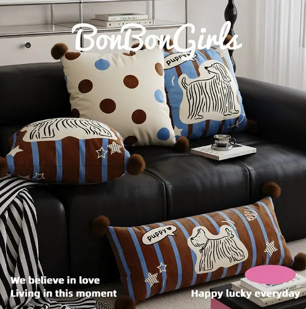 Cartoon animal print decorative cushion pillow on a sofa in blue, brown, or white.
