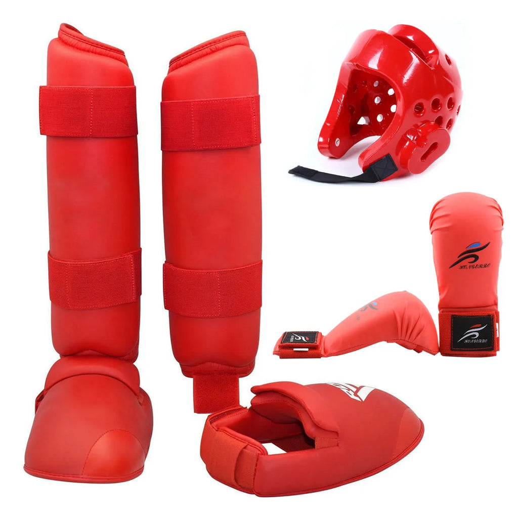 Karate taekwondo protective gear set with red leg guard, helmet, and boxing gloves for martial arts training