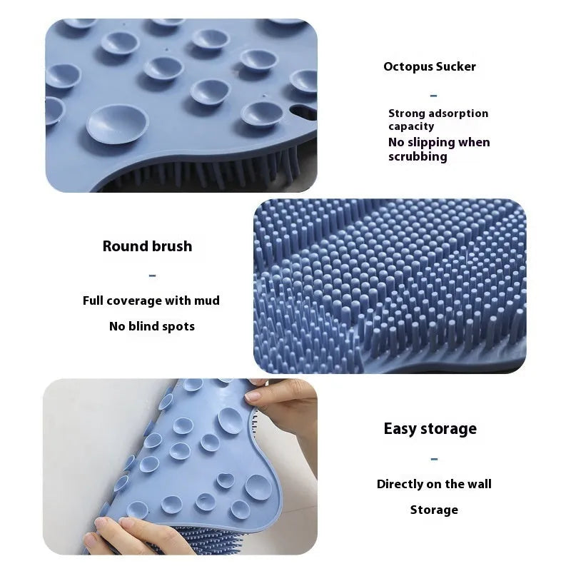 Blue silicone bath brush with curved handle for back scrubbing, measuring 31cm by 32cm