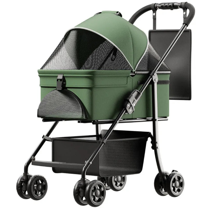 Black folding pet cart with detachable components for dogs and cats