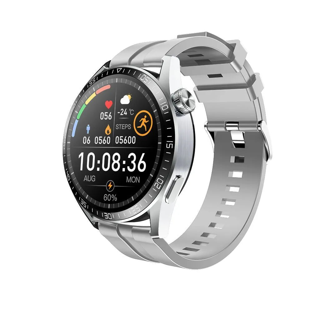 Black GS3 Max smartwatch with a silicone strap on a wrist, showing a home screen with health metrics.