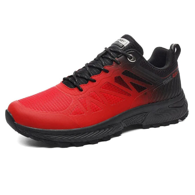 Men's black breathable mesh running shoe with lace-up front and rubber sole.