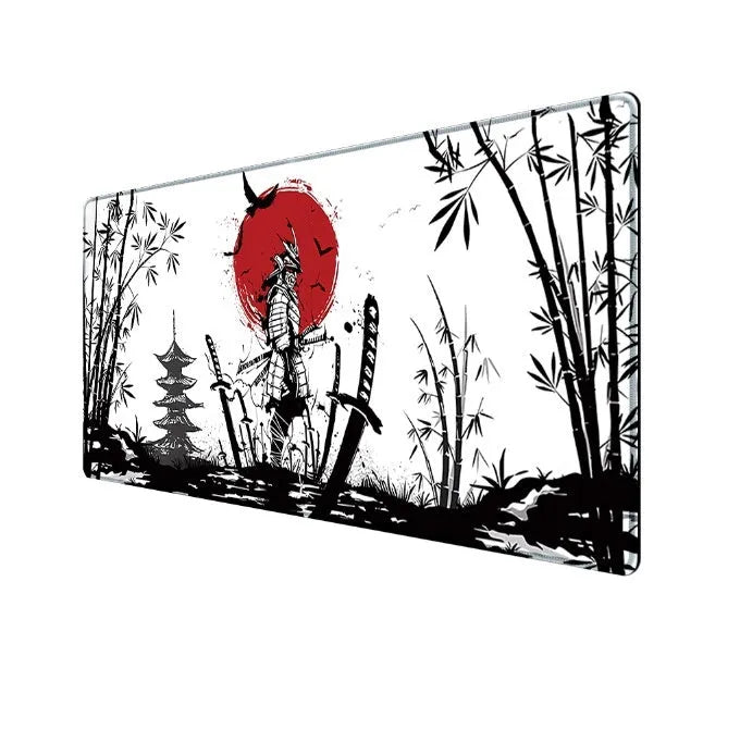 Japanese samurai pattern gaming mouse pad with cloth surface and non-slip base in various size configurations