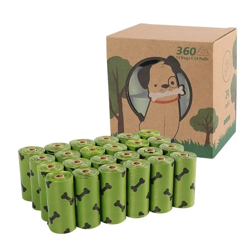 Roll of army green degradable dog waste bags with black bone print, showing bag size and dispenser.