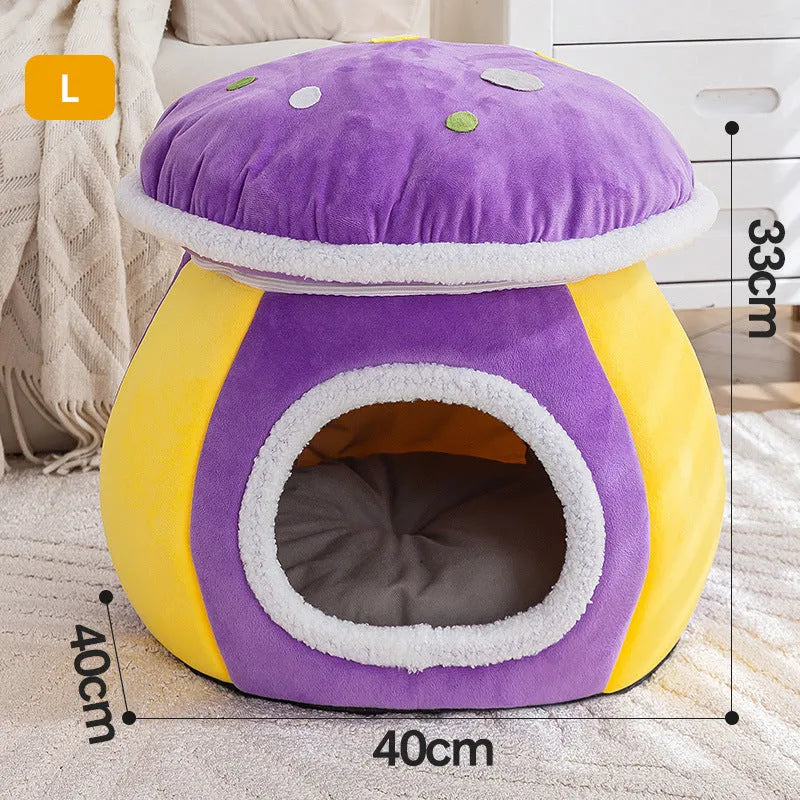 Mushroom-shaped cat nest with detachable thermal blanket in rabbit plush material