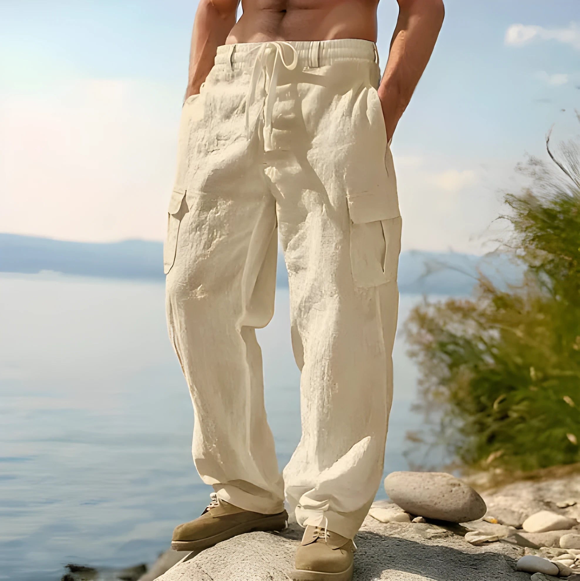 Men's loose fit cotton wide-leg casual trousers in light army green colour