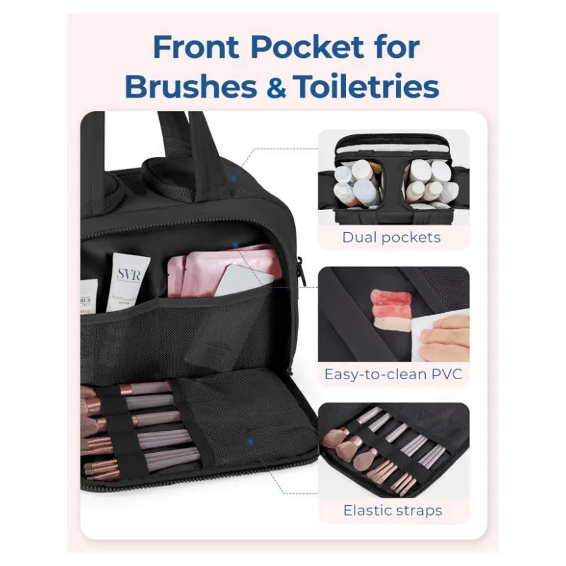 Large fluffy travel toiletry bag with wide open top, shown in a choice of colours.