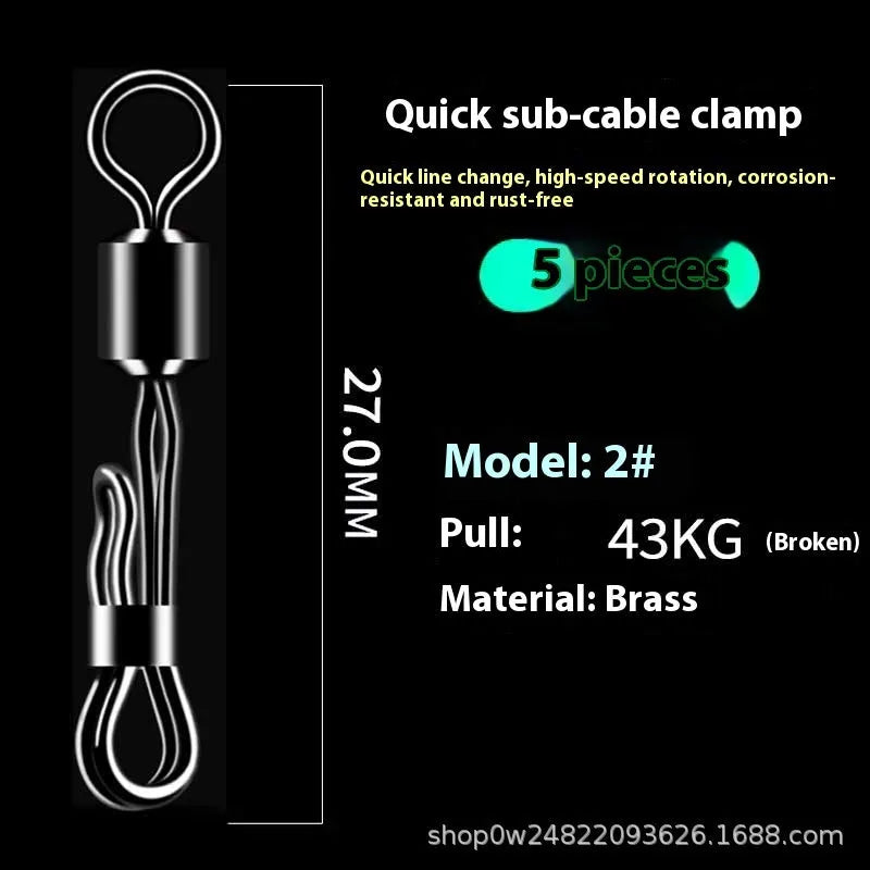 Brass quick-change barrel swivel bearing fishing tackle with line clamp.