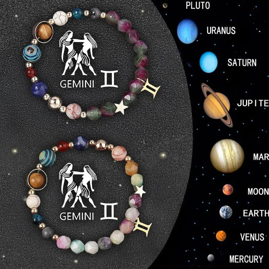 Twelve zodiac sign bracelets with natural stone beads arranged in a circle showing different designs