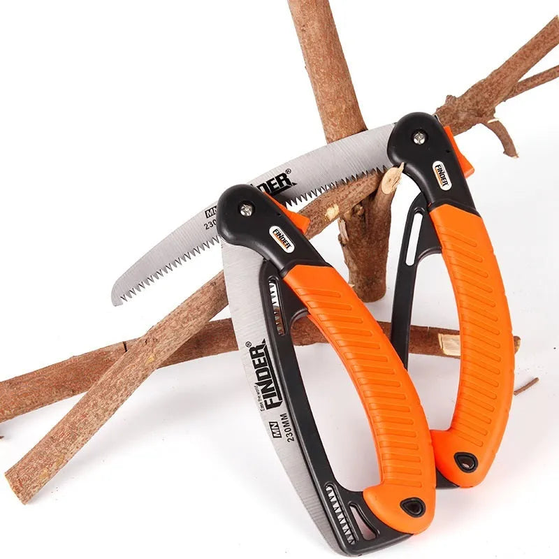 Garden folding saw with extended 230mm blade and TPR grip handle shown alongside folded configuration