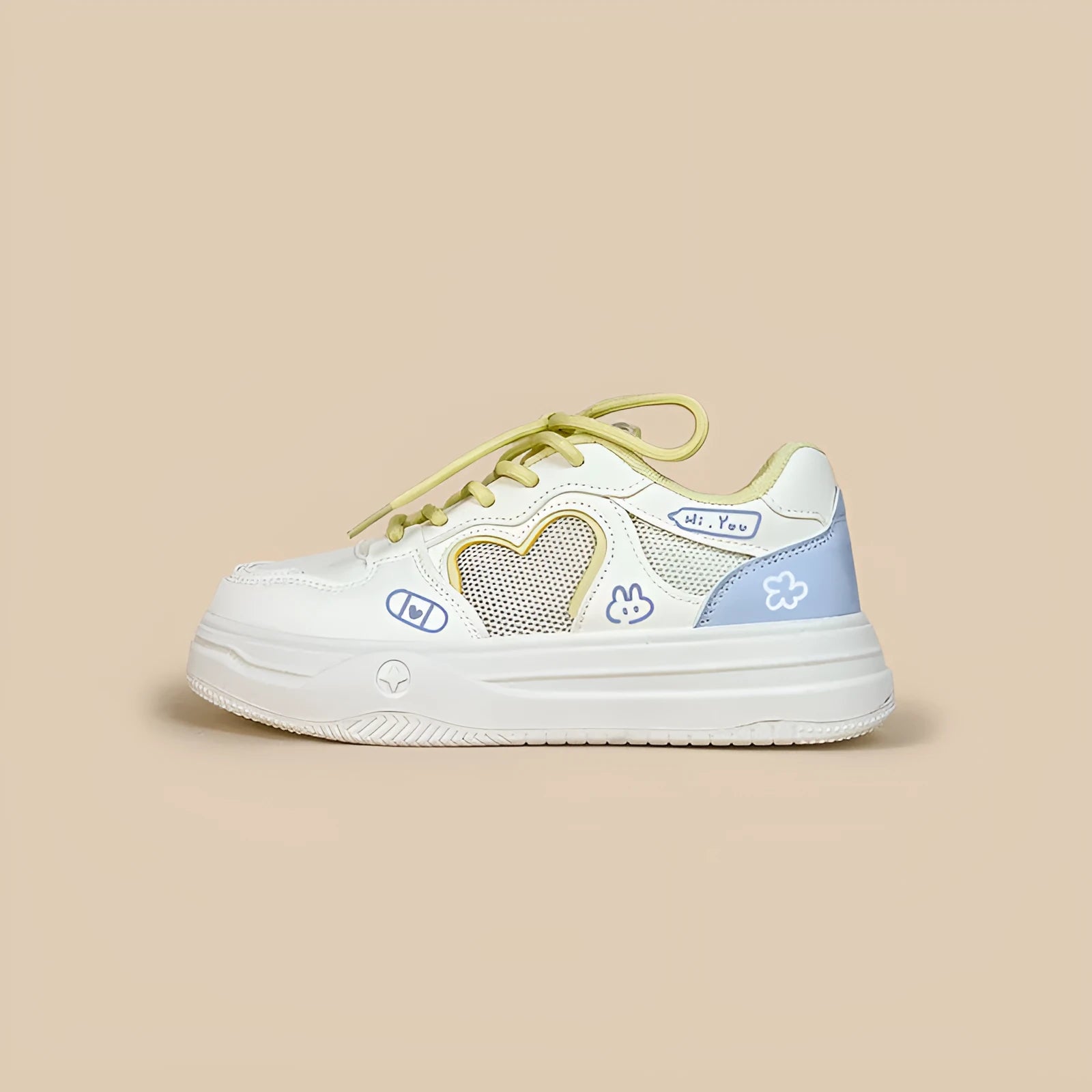 Korean version Meow Rabbit Sea Salt Cheese coloured mesh sneakers with lace-up closure.