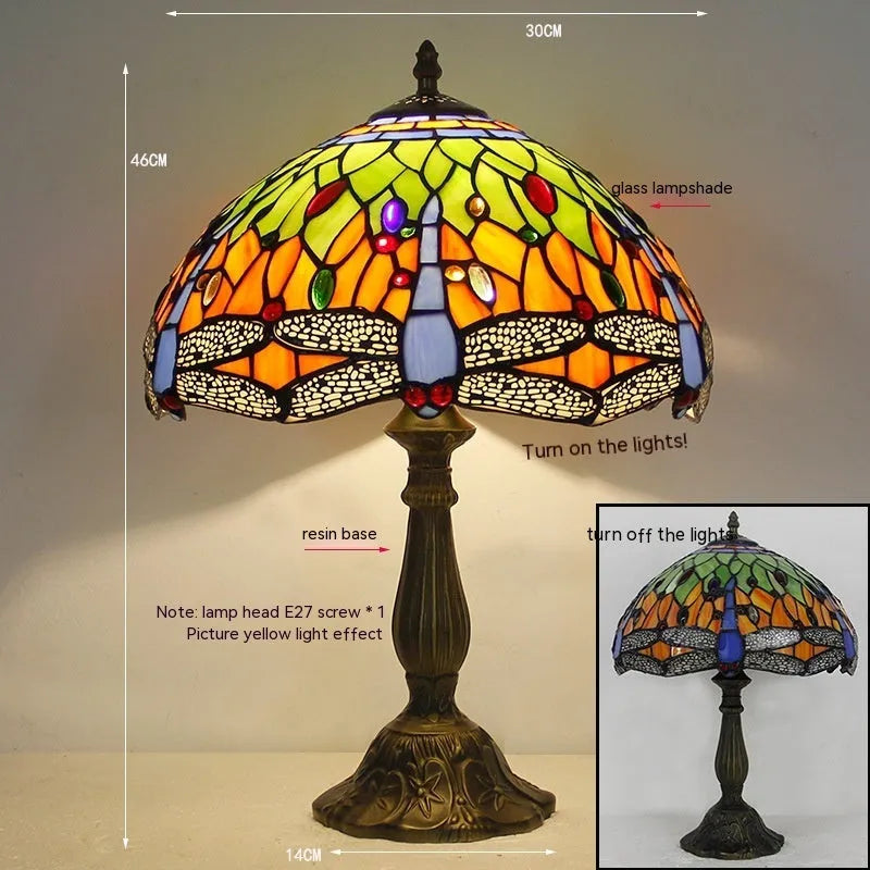 Stone table lamp with Tiffany-style dragonfly design in retro European style