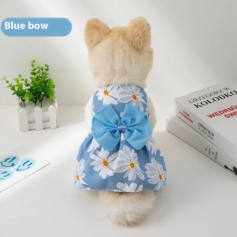 Orange bow floral butterfly pet dress with knot fastening on small dog