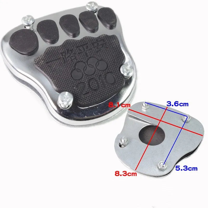 Metal motorcycle brake pedal skid plate replacement part showing three configuration options