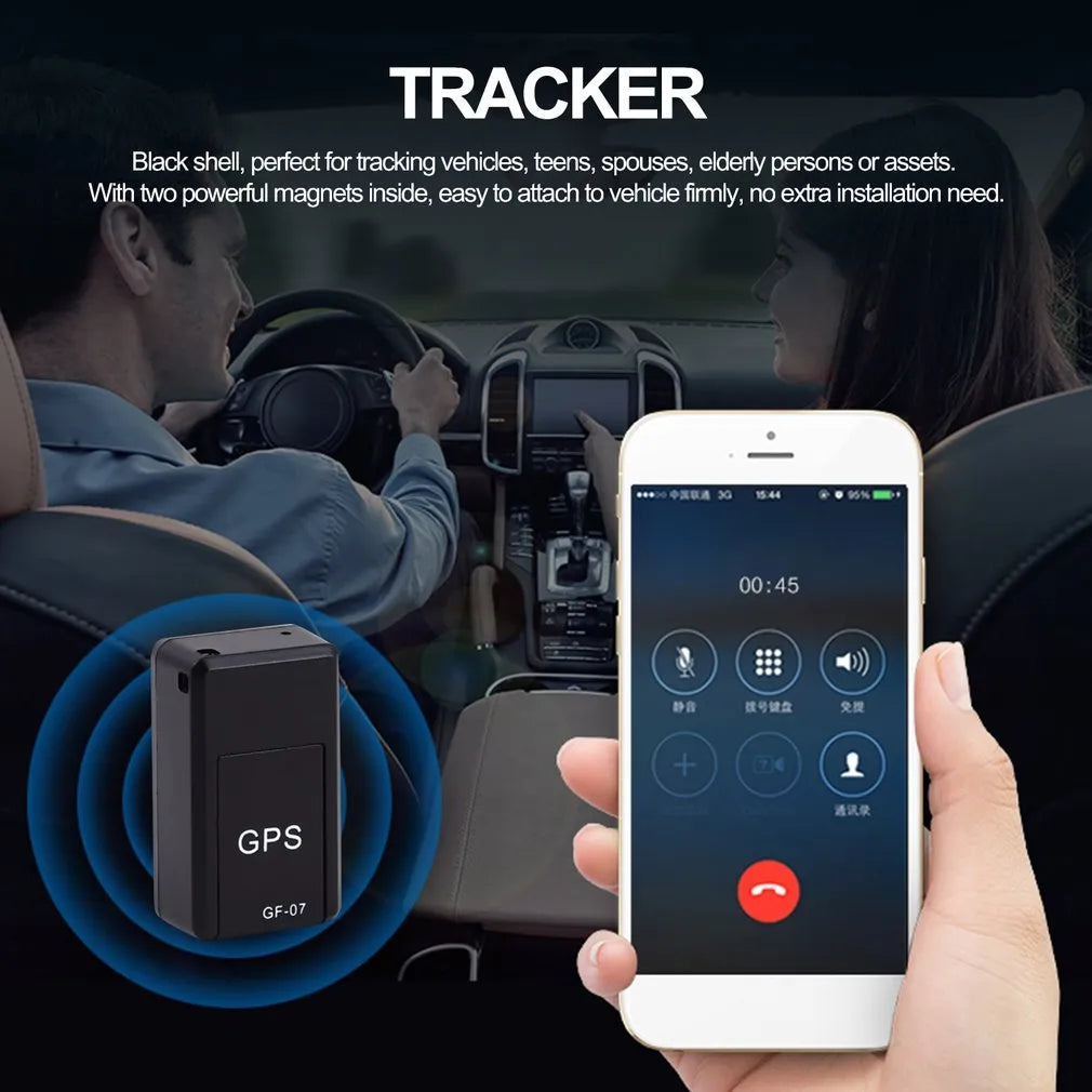 Black mini magnetic GPS car tracker device with compact rectangular design for vehicle attachment