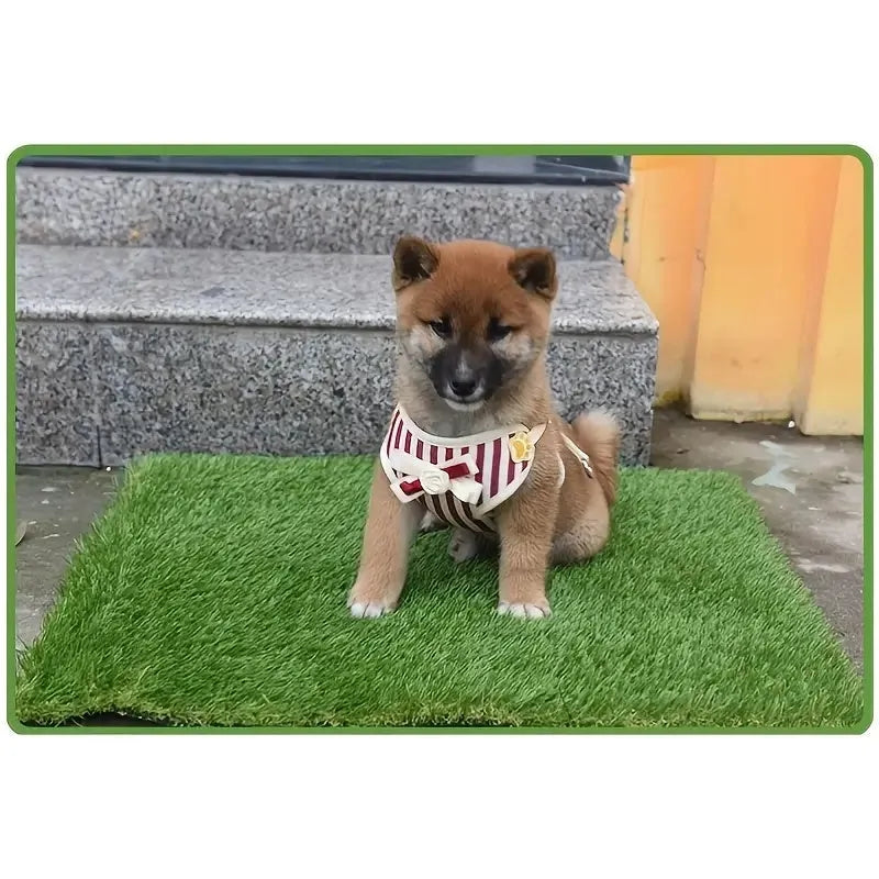 Artificial grass dog toilet training mat with plastic base in three sizes.
