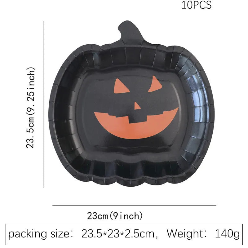 Set of black disposable Halloween paper plates with orange pumpkin design, 9 inches in diameter.