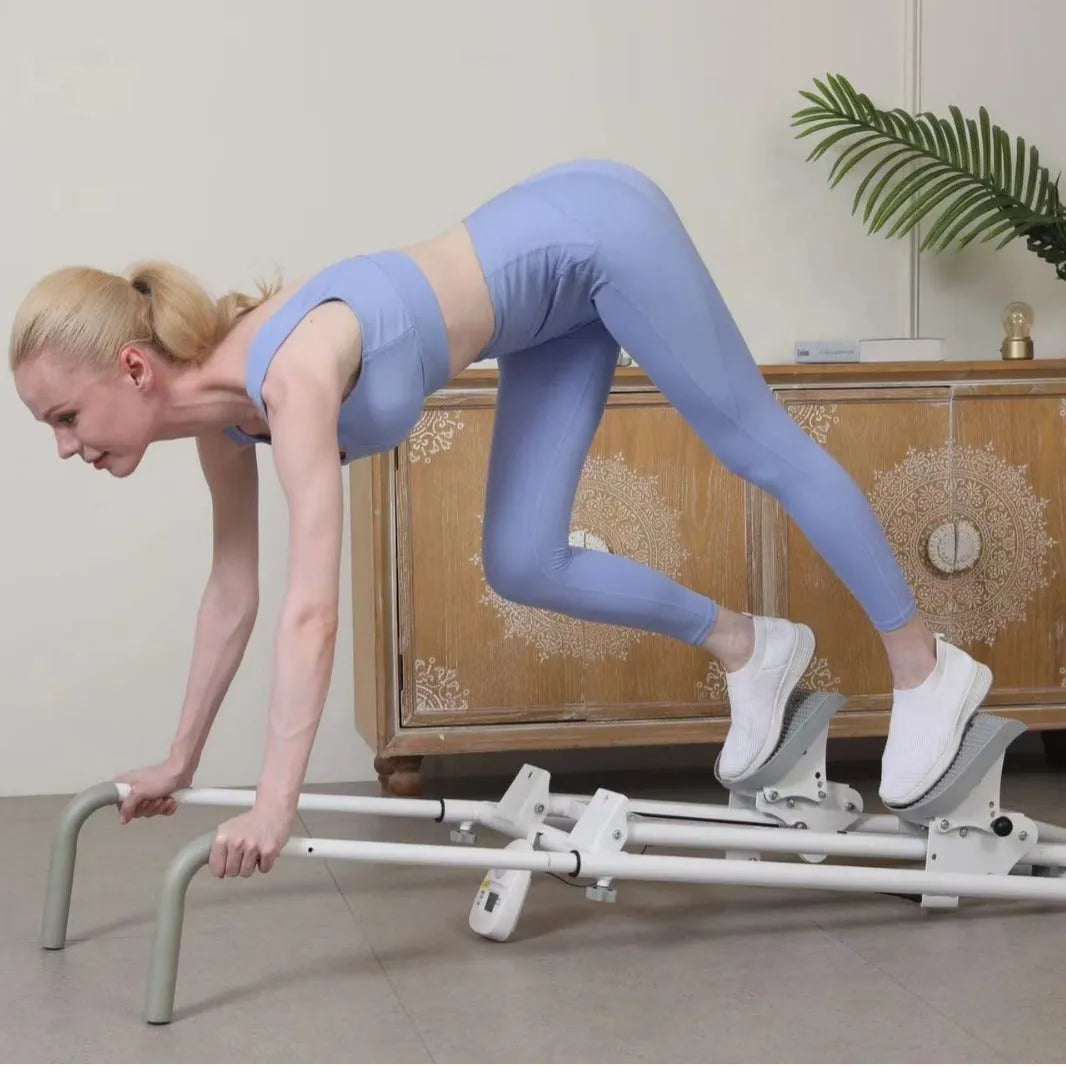 Starlight White foldable multifunction treadmill with integrated overhead climbing frame.