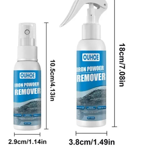 Car rust remover spray bottle with blue square sponge and towel applicators for automotive surface treatment