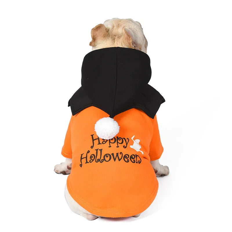 Halloween pumpkin two-piece dog costume with hooded sweater and shawl base layer