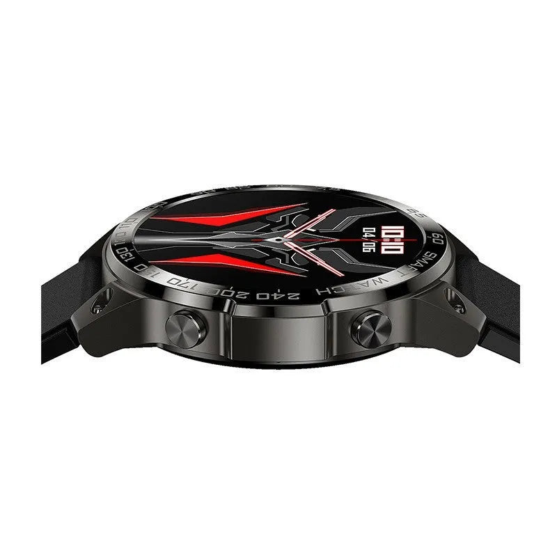 Round AMOLED sports watch with silicone strap showing Bluetooth call interface and fitness metrics on screen.