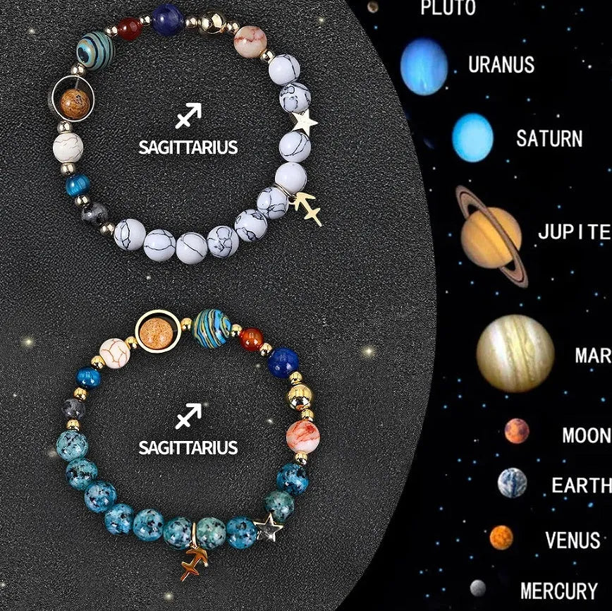 Set of twelve natural stone bead bracelets laid out, each representing a different zodiac sign.