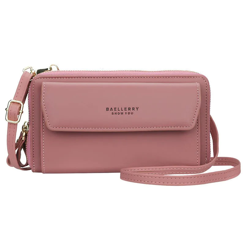 Soft PU leather long wallet with double zip closure in horizontal square shape showing colour options
