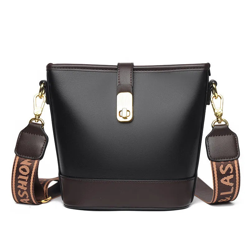 Korean style black soft PU bucket bag with double shoulder straps and multiple internal compartments