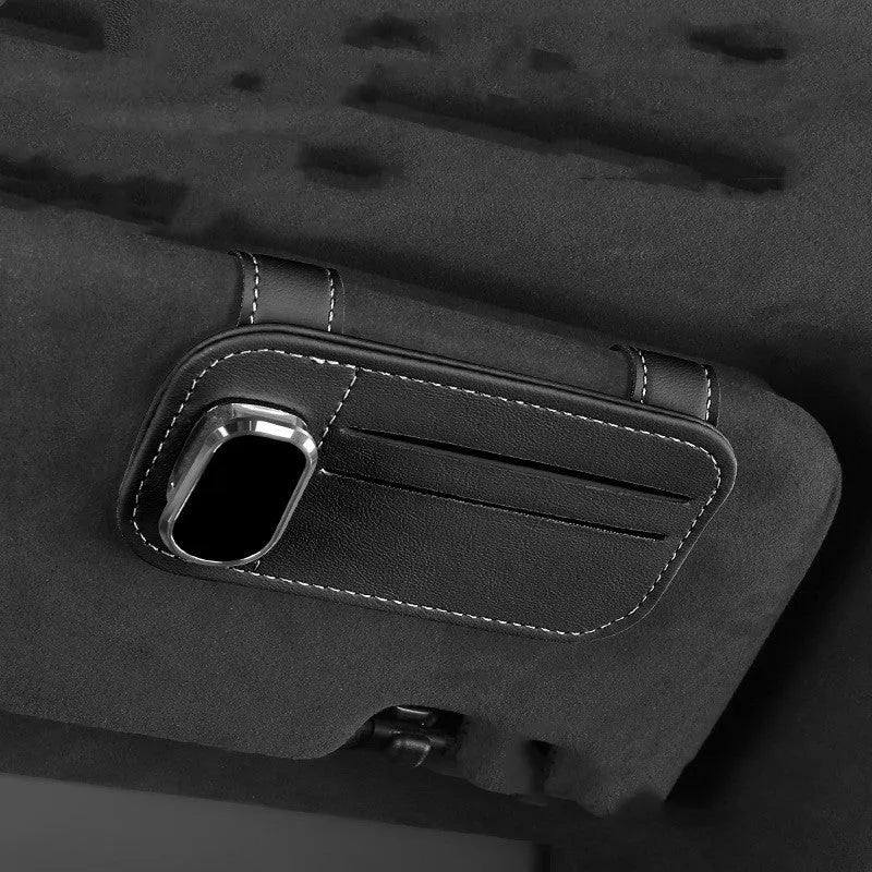 Car leather sunglasses holder with card storage in snap-on dashboard installation