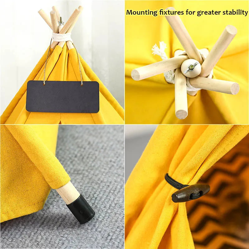 Striped linen pet teepee tent bed with cushion for a small dog or cat indoors