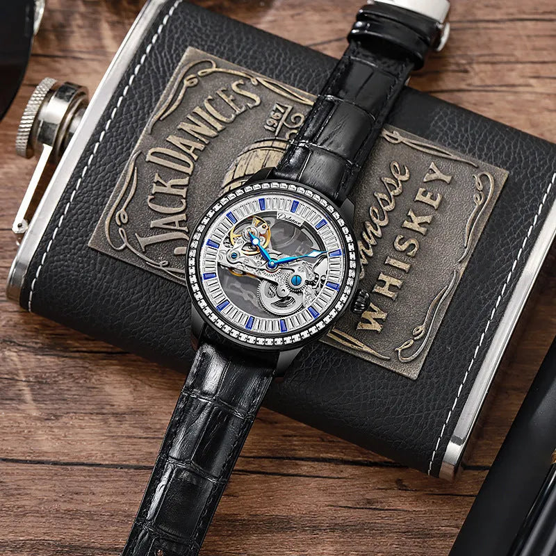 Men's rose gold stainless steel mechanical watch with transparent case back on wrist