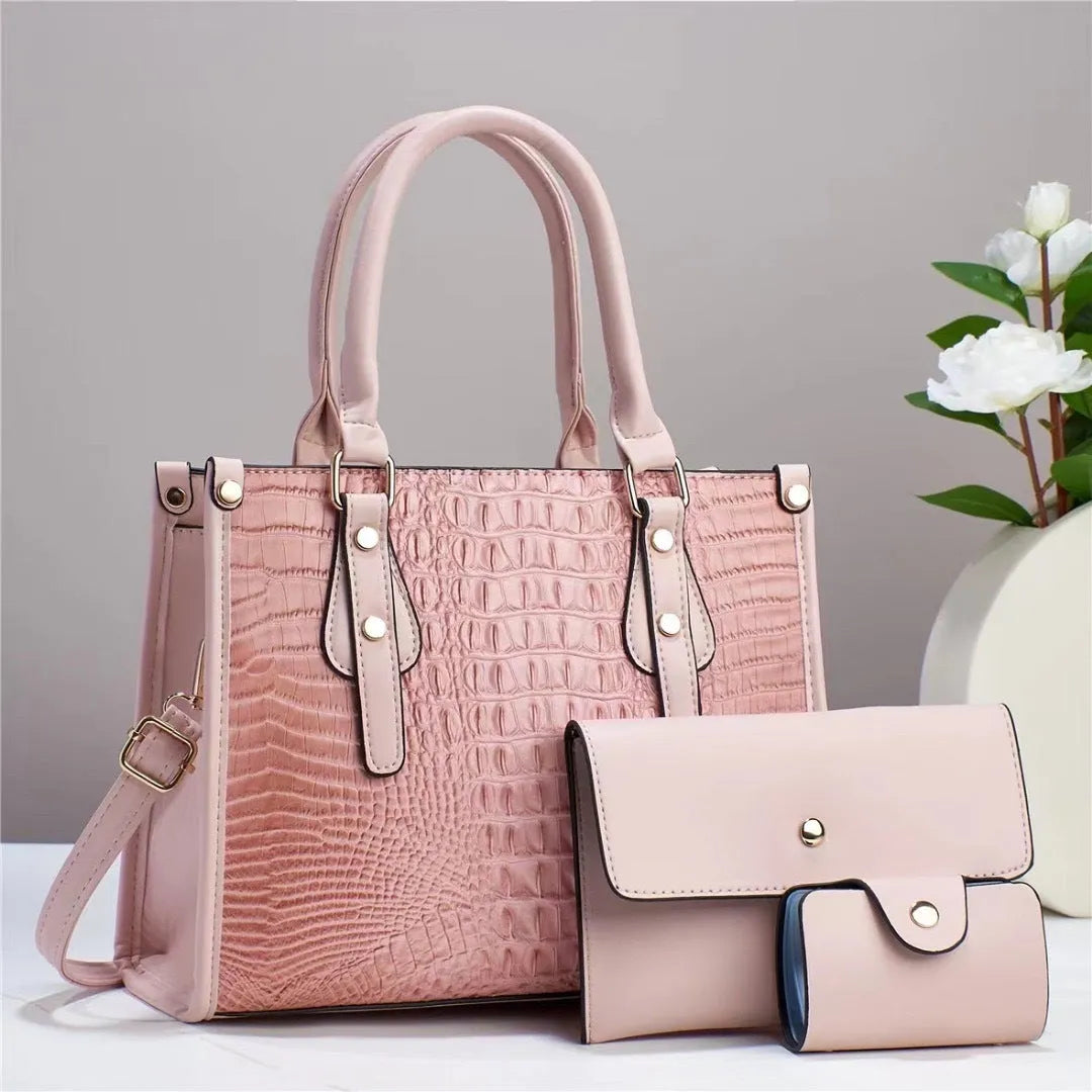 PU leather three-piece crossbody bag set with wallet and card holder in bucket shape