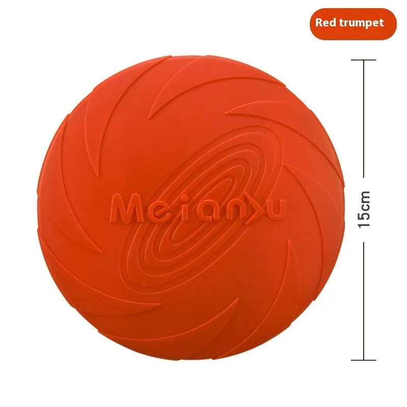 Soft rubber dog frisbee flying disc toy shown in blue, available in small, medium, and large sizes.