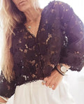 Women's loose fit V-neck cardigan with three-dimensional lace floral decoration in white colour