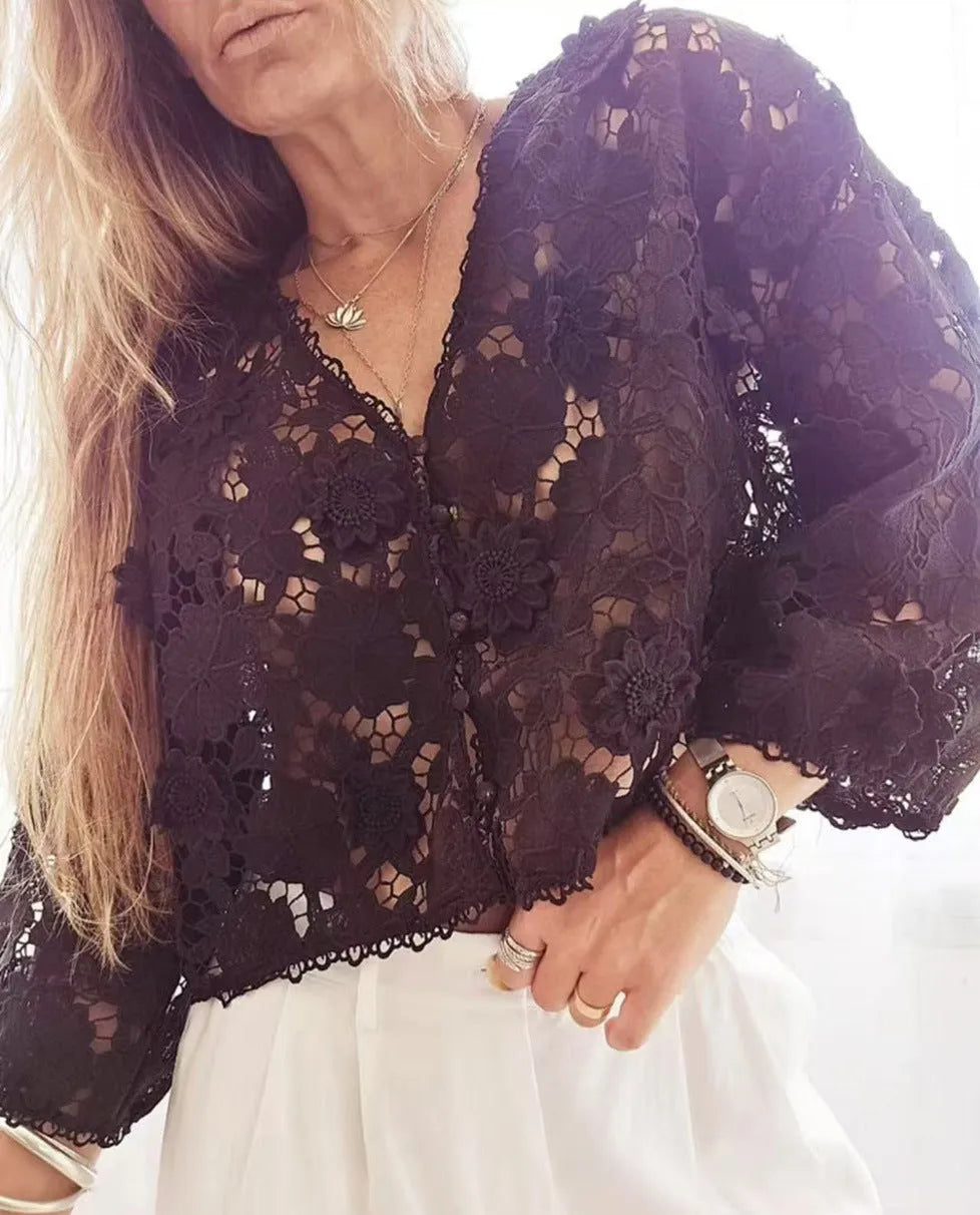 Women's loose fit V-neck cardigan with three-dimensional lace floral decoration in white colour