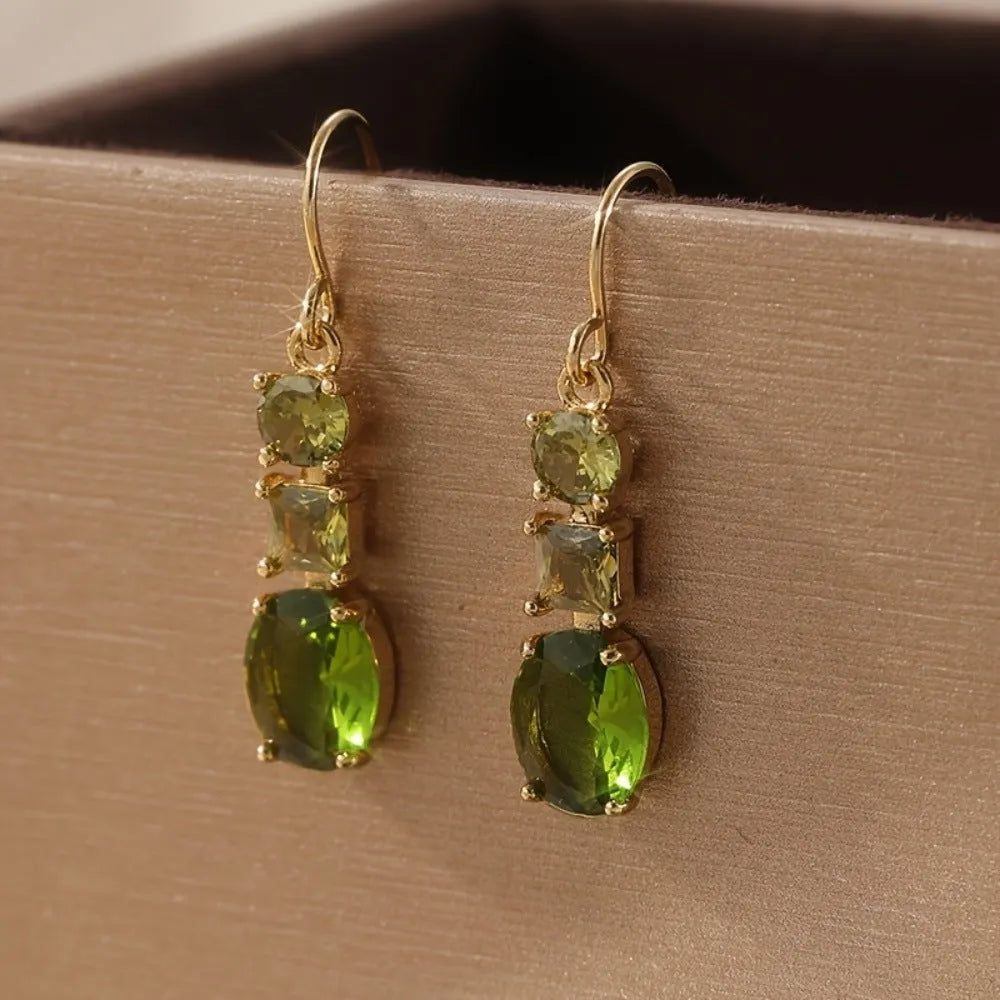 Green geometric bohemian earrings with quadrilateral design on copper alloy
