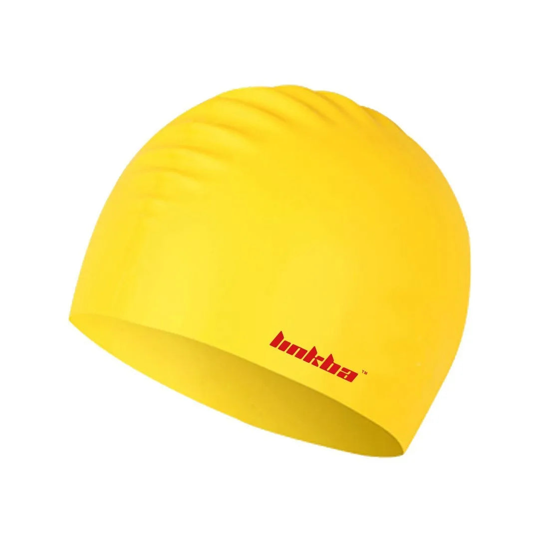 Silicone swimming cap with earmuff design and printed letters in multiple colour options