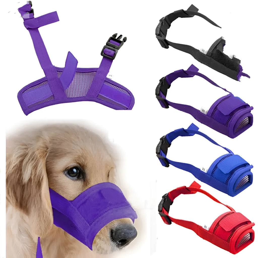 Adjustable plastic dog muzzle in multiple colours showing five size options for biting and barking control
