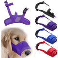 Adjustable plastic dog muzzle in multiple colours showing five size options for biting and barking control