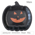 Set of black disposable Halloween paper plates with orange pumpkin design, 9 inches in diameter.