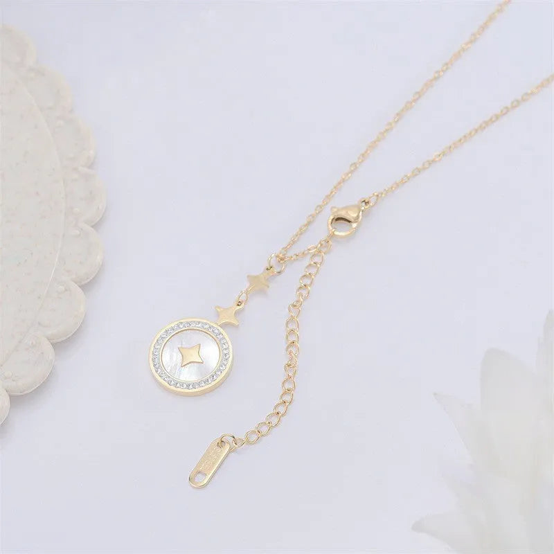 Gold titanium steel hexagonal star necklace for women with O-ring chain and adjustable length