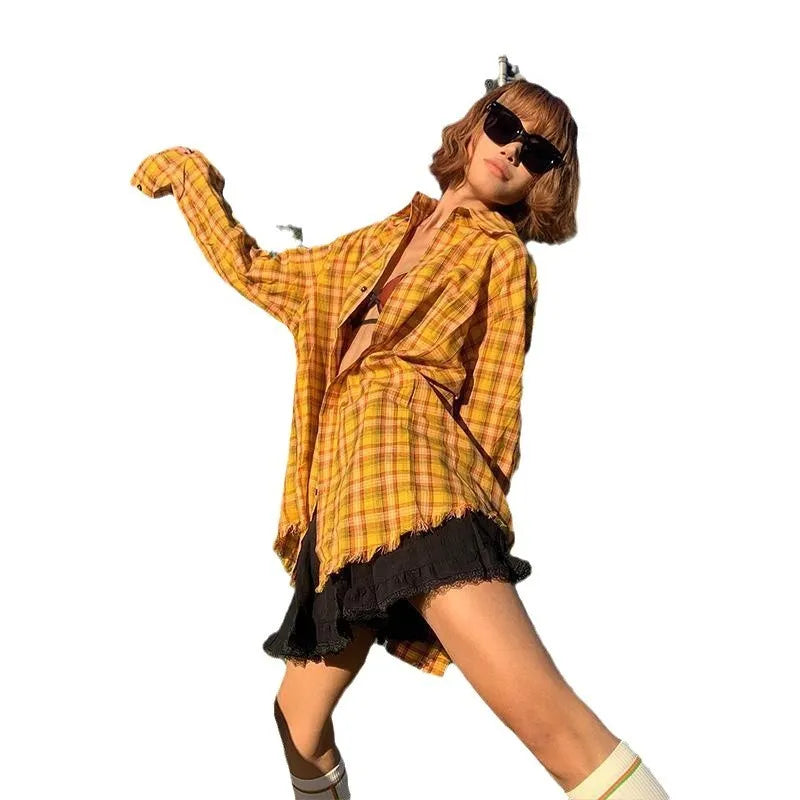 Dopamine yellow plaid shirt in loose cardigan style with chemical fibre blend fabric