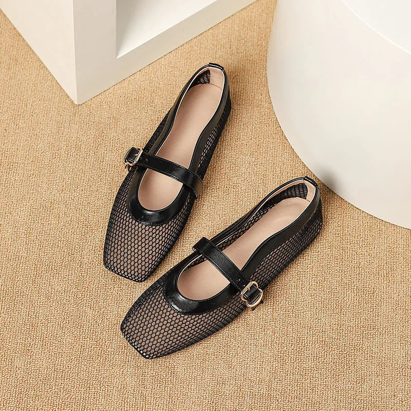 Women's beige mesh hollow out pumps with a square toe and buckle fastening on a flat beef tendon sole.