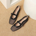 Women's beige mesh hollow out pumps with a square toe and buckle fastening on a flat beef tendon sole.