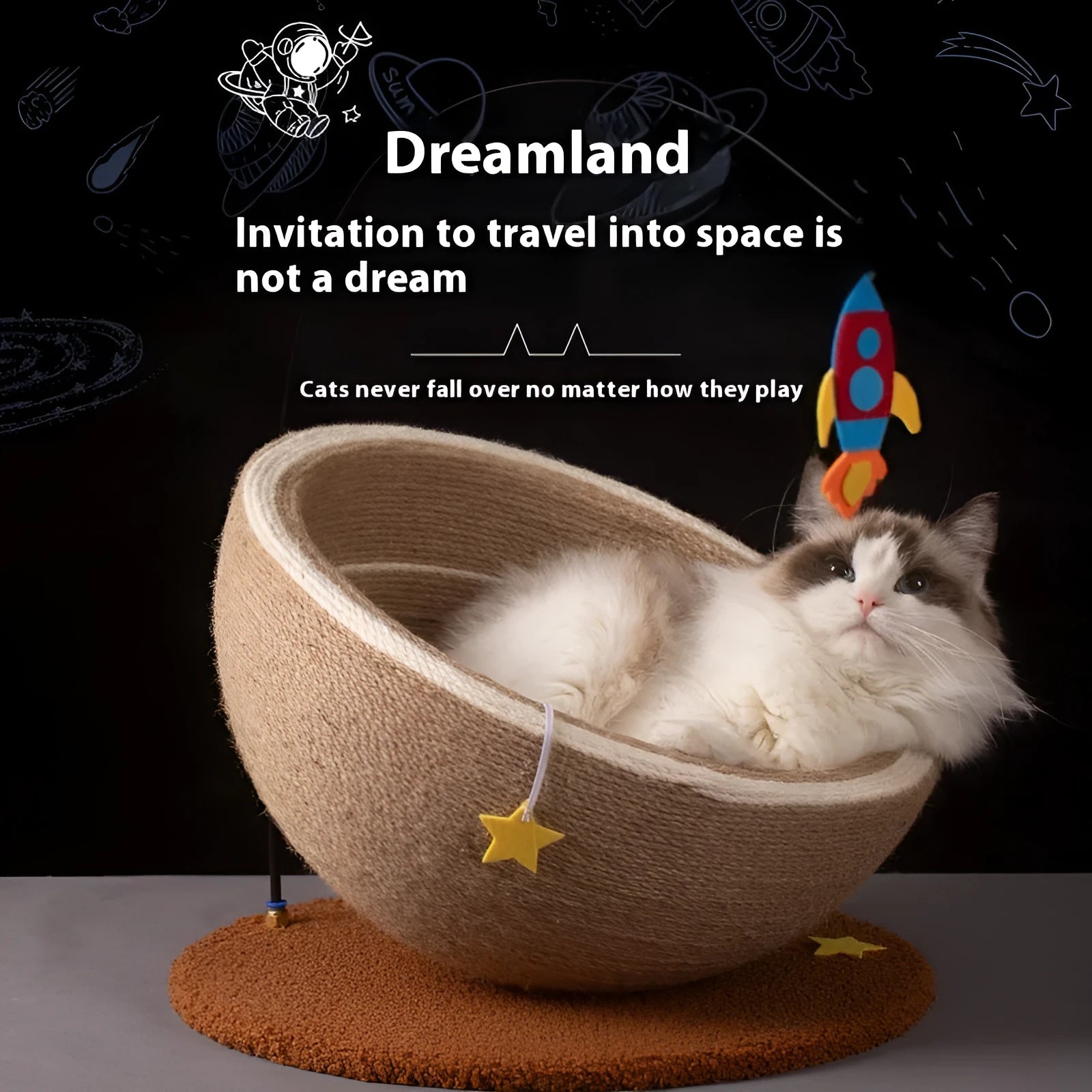 Large integrated cat scratching basin and nest with sisal rope surface and flannel-lined bed area in starlight colour