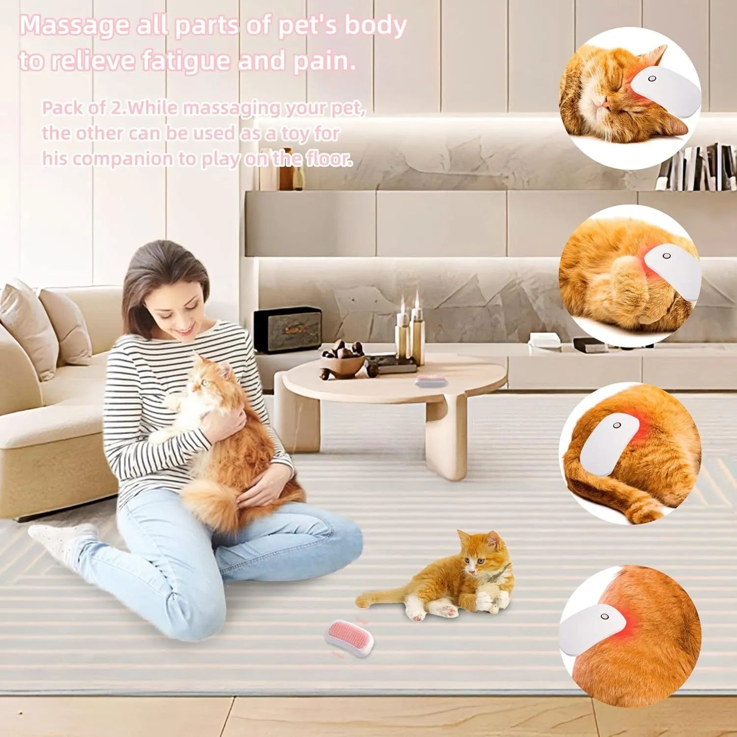 Pink handheld electric pet grooming brush with soft TPE teeth on a white background.