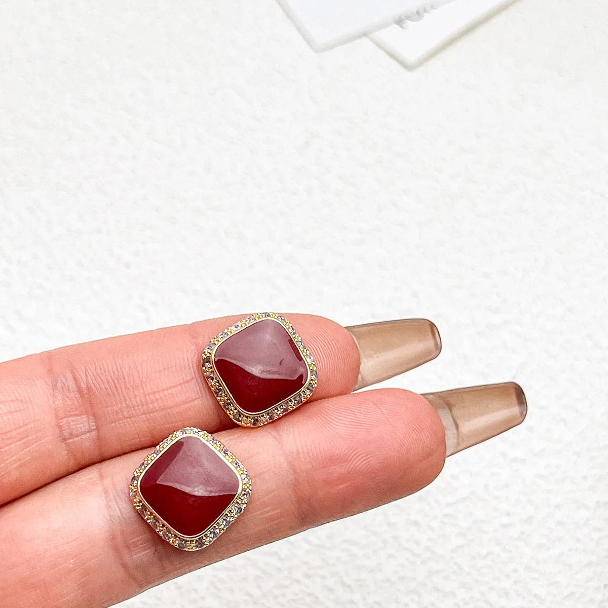Retro red colour geometric square alloy earrings for women with inlaid design