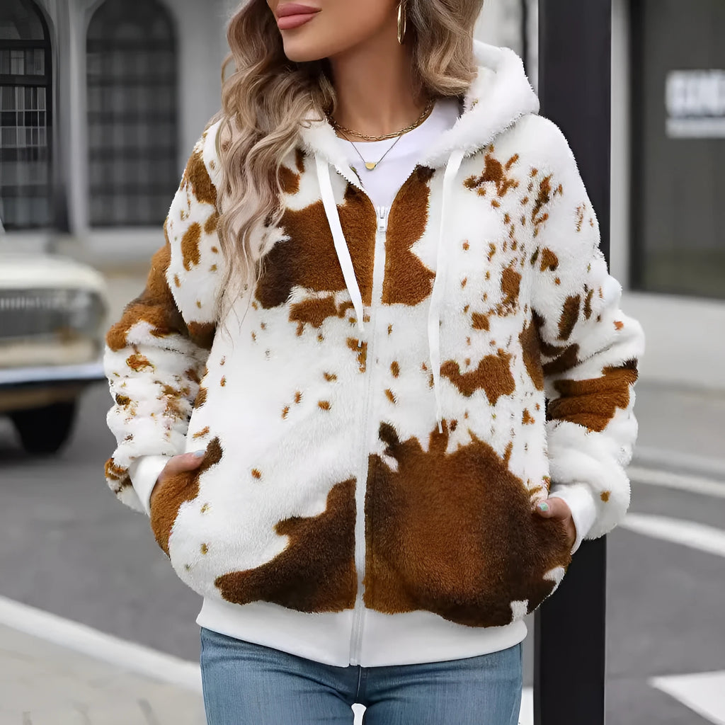 Yellow-brown hooded cardigan jacket with animal cow print pattern and zip-front closure