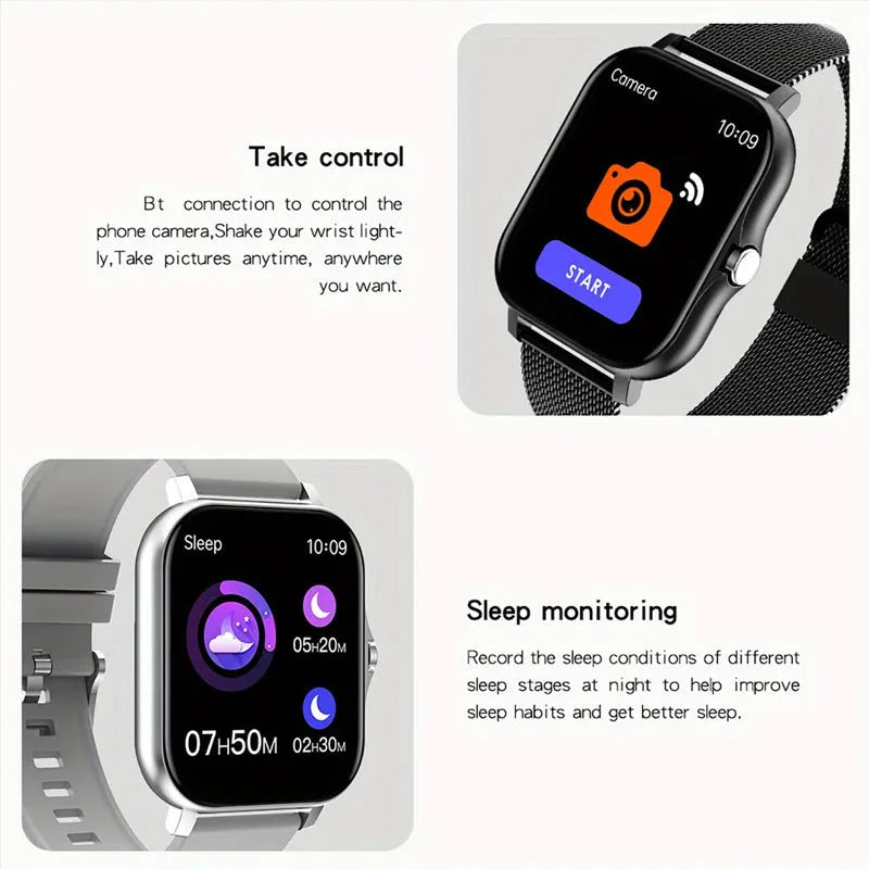 Smart watch with 1.44-inch touch screen showing interface, on a silicone wrist strap.