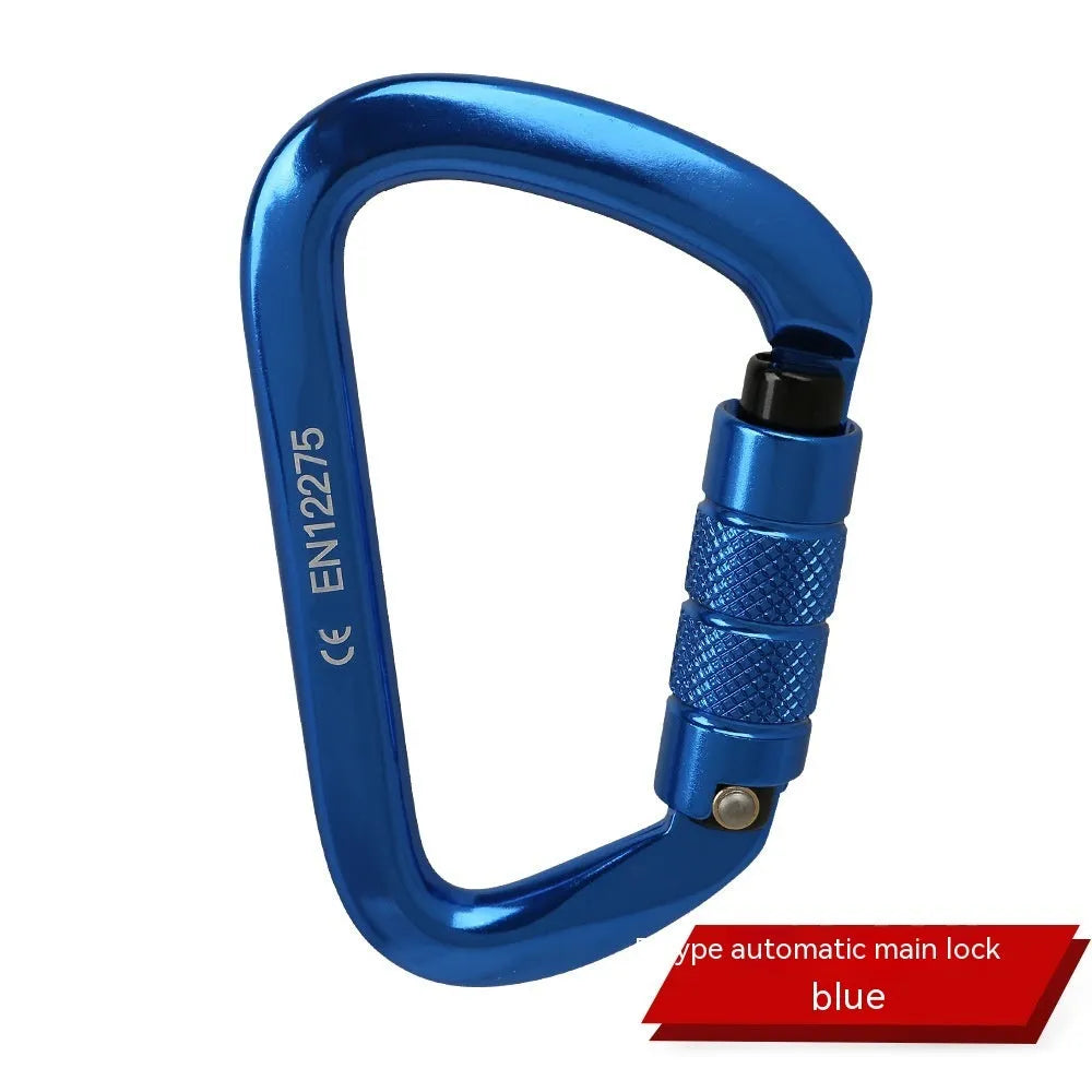 D-shaped rock climbing carabiner main lock with choice of threaded or automatic gate closure, shown in multiple colours.